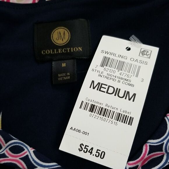 JM Collection Border Print Split Neckline Long Sheer Sleeves Medium - Picture 5 of 8